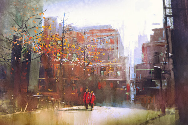Couple in red walking on street of city — Stock Photo, Image