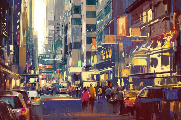 People walking on city street,cityscape illustration — Stock Photo, Image