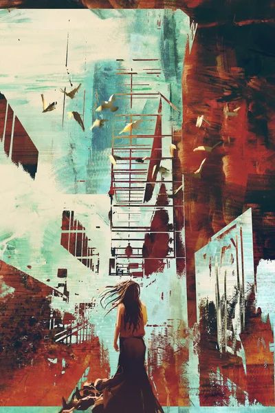 Woman standing against abstract achitecture with grunge texture — Stock Photo, Image