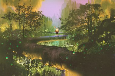 Treetop iz, adam fantezi ormanda ayakta