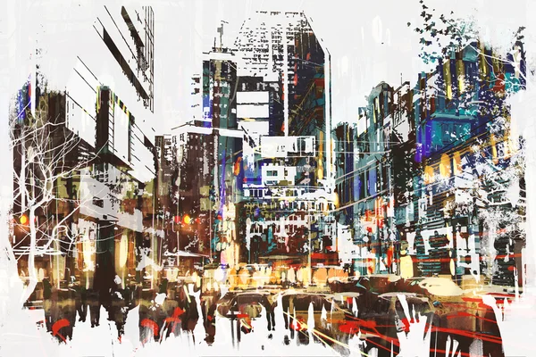 People walking in city with abstract grunge painting — Stock Photo, Image