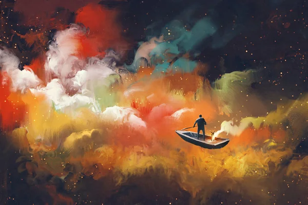 Man on a boat in the outer space — Stock Photo, Image