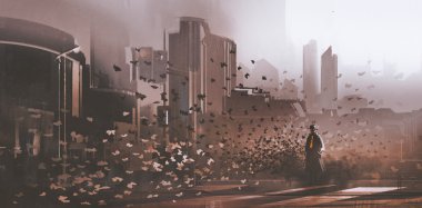 kalabalık şehir içinde kelebeklerin gizemli adam