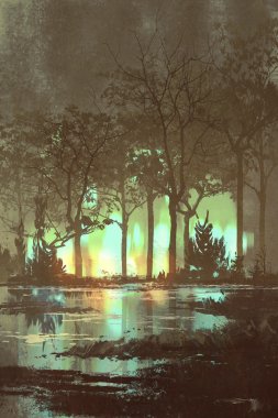 mysterious dark forest with mystic light at night clipart
