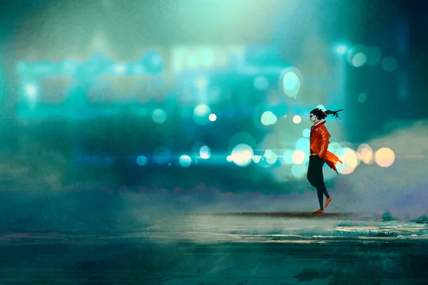 Человек ходит по ночам, великолепный холодный bokeh фон — стоковое фото