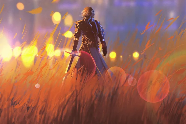 Rycerz Wojownik stojący z mieczem w dziedzinie — Zdjęcie stockowe