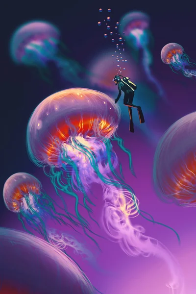 Big jellyfishes and diver in fantasy underwater — Stock Photo, Image