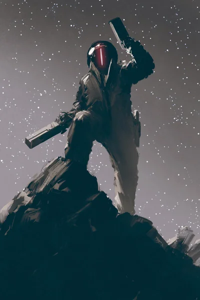 Personagem de jogos de ficção científica em terno futurista segurando duas armas Imagem De Stock