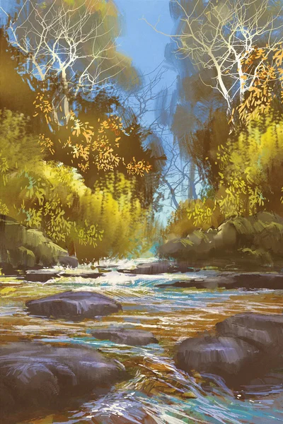 Landscape painting of creek in forest — Stock Photo, Image