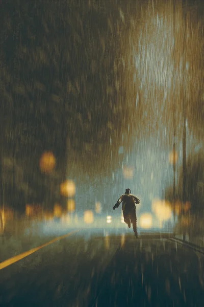 Hombre corriendo en la noche lluviosa pesada —  Fotos de Stock