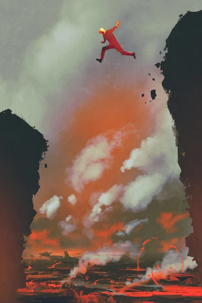 Man jumping on the cliff against lava landscape background — Stock Photo, Image