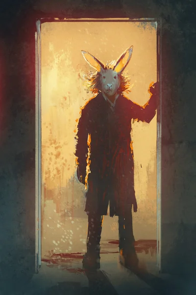man with rabbit mask standing at the door