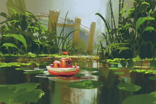 玩具船航行在森林的河流 — 图库照片