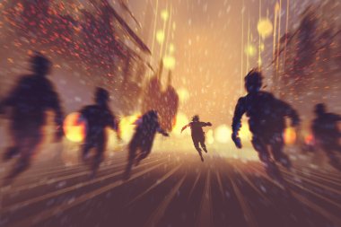 man running away from zombies,burning city in background clipart