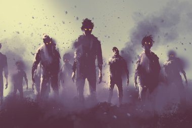 zombie crowd walking at night,halloween concept clipart