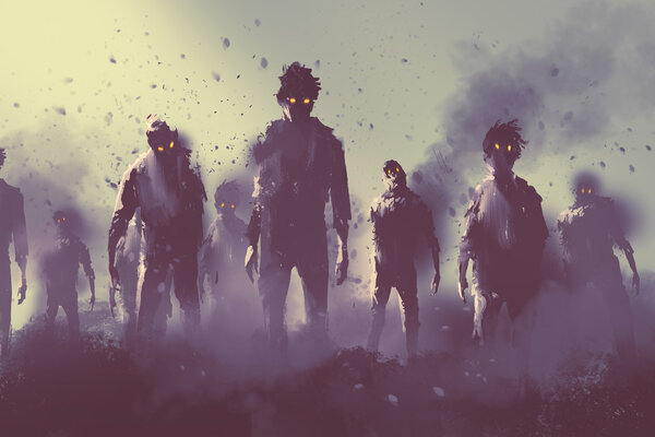 zombie crowd walking at night,halloween concept
