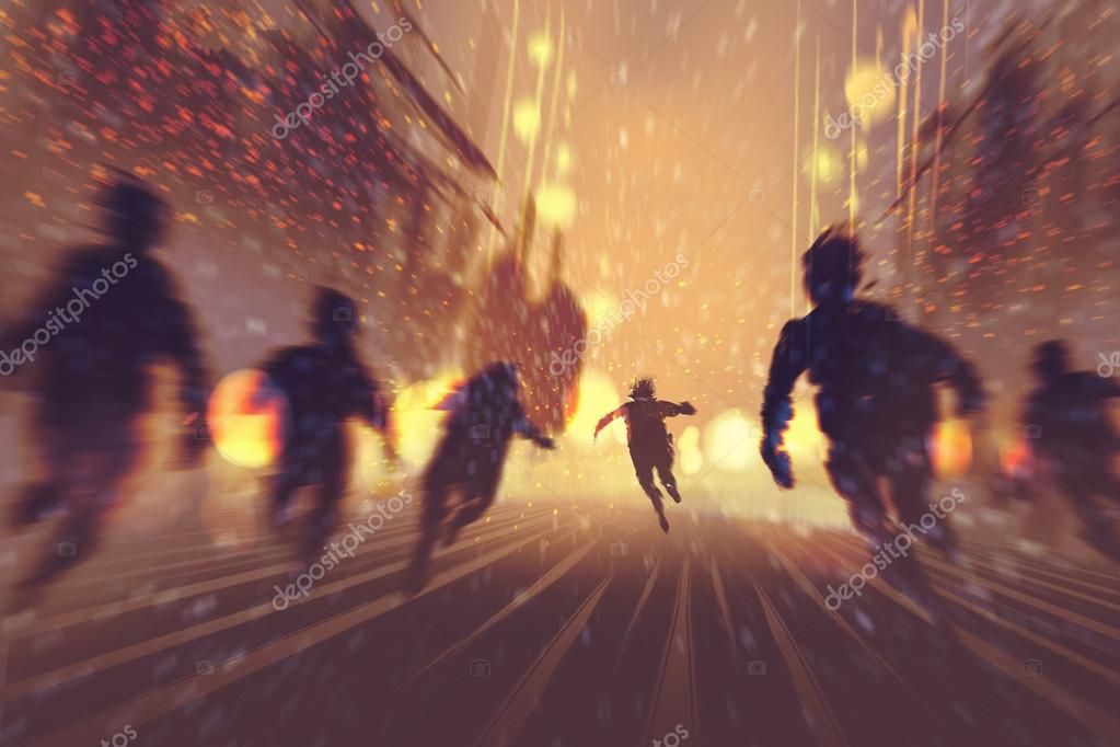 Hombre huyendo de zombies, ciudad en llamas en el fondo fotografía de
