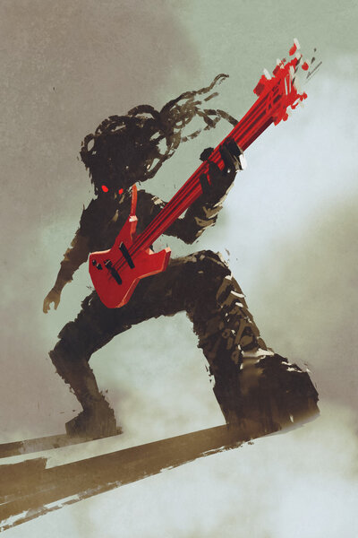 Rocker gitarist kırmızı gitar çalmak — Stok fotoğraf