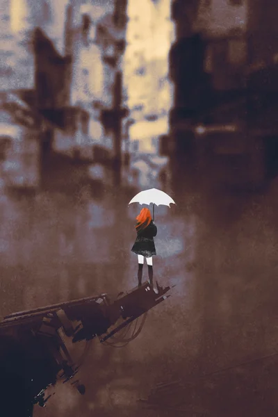 Mulher com guarda-chuva contra a cidade arruinada — Fotografia de Stock