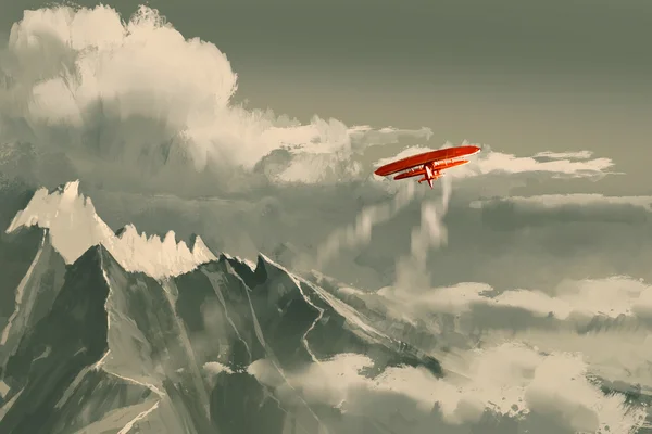 Биплан, пролетающий над горой, иллюстрация — стоковое фото