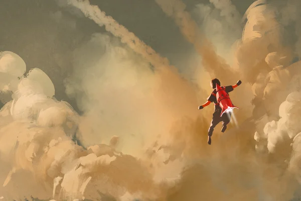 Menino voando no céu nublado — Fotografia de Stock