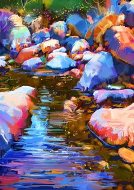 nehir arasında renkli taşlar, dijital boyama