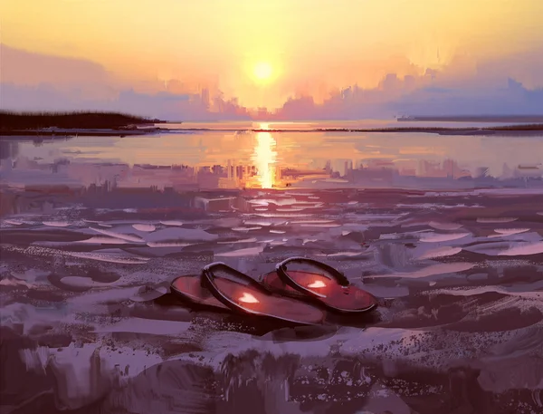 Chinelos com corações adoráveis na praia ao pôr do sol — Fotografia de Stock