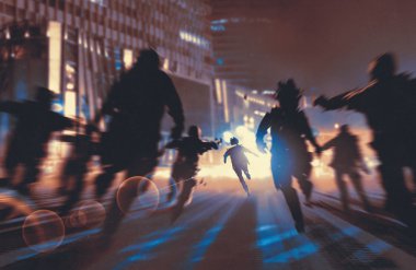 man running away from zombies in night city clipart