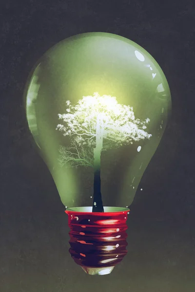 Light bulb with the light tree growing inside — Stock Photo, Image