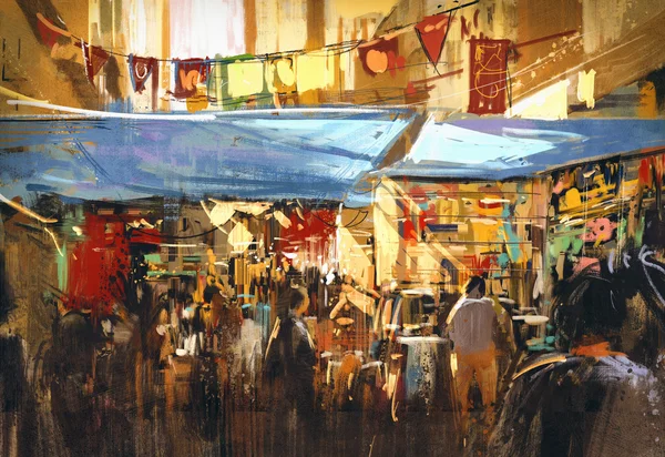 Színes utcai piac, illusztráció, festmény — Stock Fotó