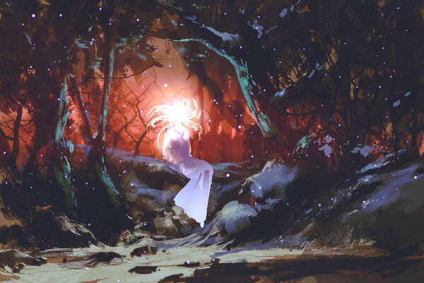 Spirit of the enchanted forest,woman in the dark woods,illustration painting