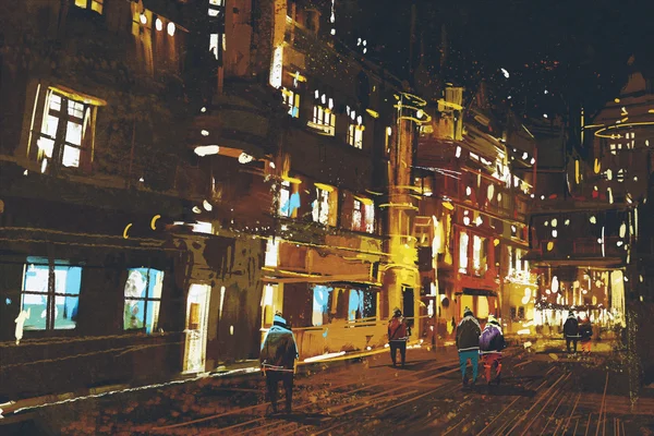 Calle nocturna, paisaje urbano con luz colorida —  Fotos de Stock