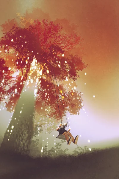 Качели под фантастическим осенним деревом — стоковое фото