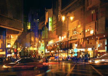 Şehir renkli ışıklar, boyama ile gece sokak