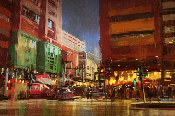 Utca, város, városi, utca-és városrészlet festmény — Stock Fotó