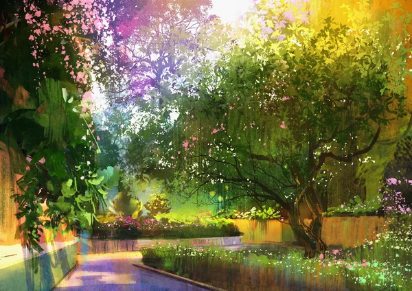 Weg in einem ruhigen grünen Park, Malerei — Stockfoto