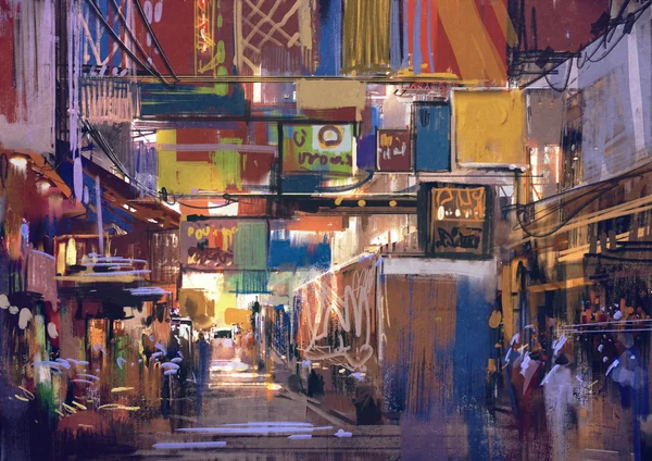 Digital painting of colorful street market — Stock Photo, Image