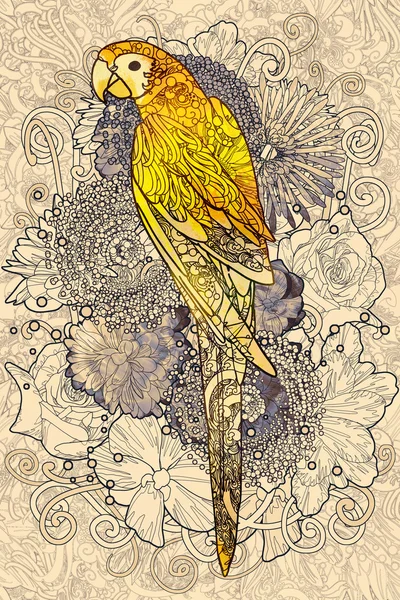 Papuga grafik z żółtym kolorze na element kwiatowy wzór — Zdjęcie stockowe
