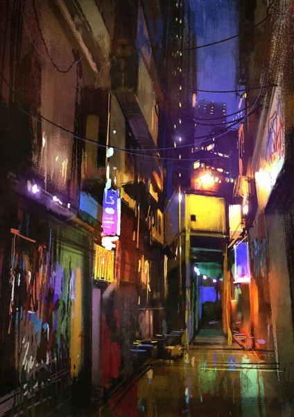 Pintura colorida de callejón oscuro en la noche —  Fotos de Stock