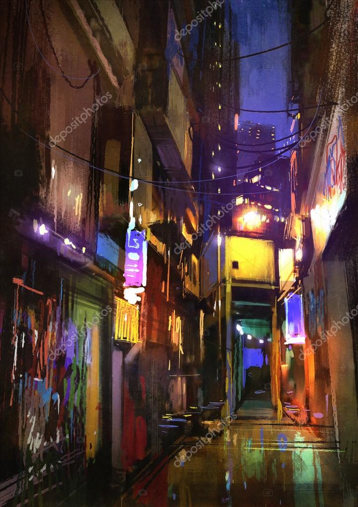 Colorful Painting Of Dark Alley At Night Stock Photo Image By C Grandfailure