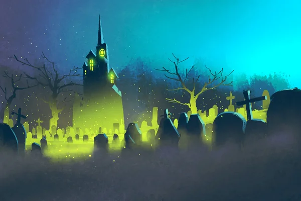 Spooky castle,Halloween concept,cemetery at night — Stock Photo, Image