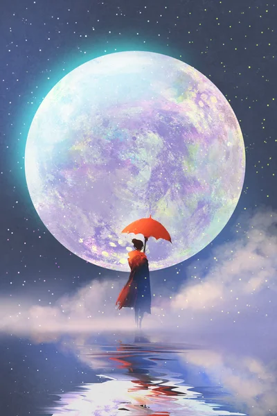 Woman with umbrella standing on water against full moon background — Stock Photo, Image