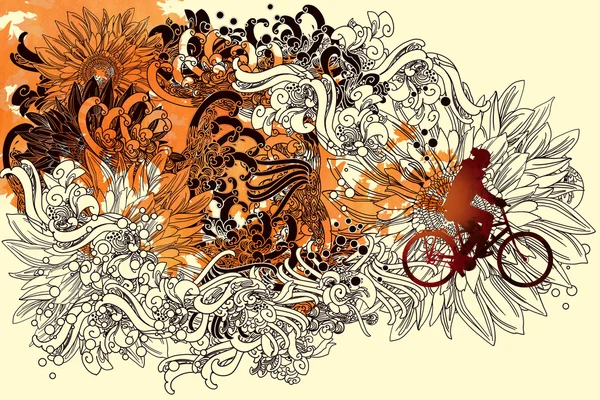 Abstraktní podzim s květinovým linie umění a muž, jízda na kole — Stock fotografie