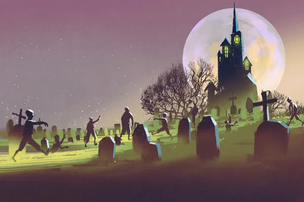 Gruselschloss, Halloween-Konzept, Friedhof mit Zombies — Stockfoto