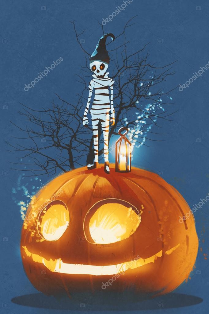 Mummy standing on giant pumpkin,Jack O lantern,Halloween Stock Photo by