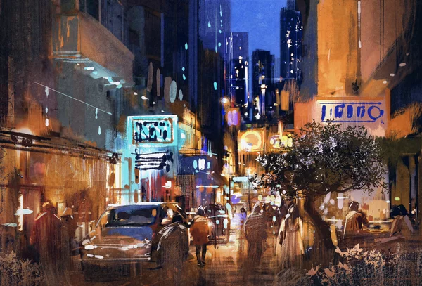 Rua noturna, paisagem urbana, ilustração — Fotografia de Stock