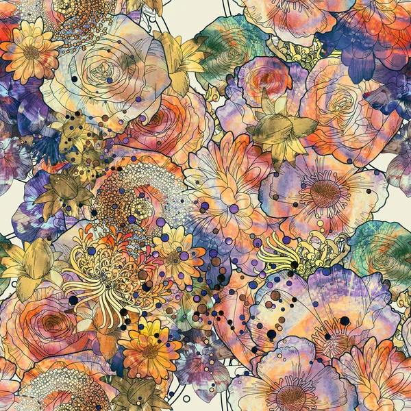 Abstrakcyjny bezszwowy wzór z kolorowymi kwiatami — Zdjęcie stockowe