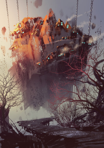 science fiction concept with hanging village