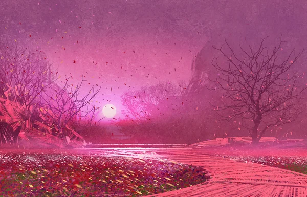 Fantasy landscape with pink magical leaves — Stock Photo, Image