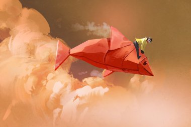 Kız origami kağıt kırmızı balık bulutlar üzerinde sürme